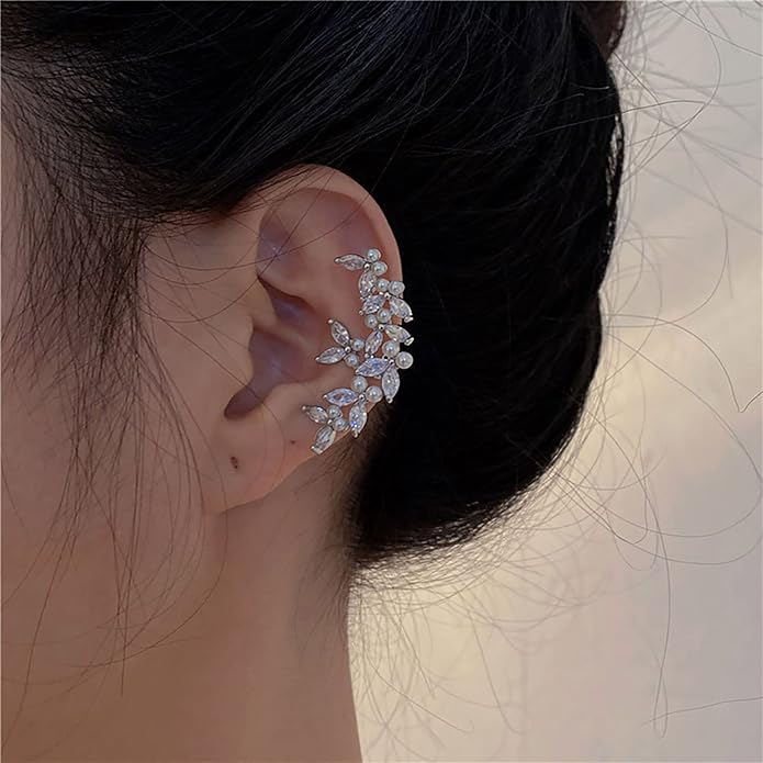 Vintage Crystal Pearl Ear Cuff Earrings Rhinestone Butterfly Cuff Wrap Earrings Cz Butterfly Ear Climber Cuff Earrings Silver Pearl Cz Non Piercing Earring Jewelry for Women(Left)