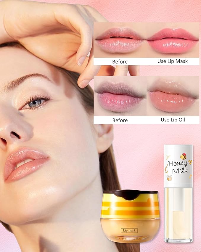 2Pcs Bee Lip Balm Honey Pot Lip Mask & Lip Glowy Oil Lip Care Set, Propolis Moisturize & Nourish Lip Gloss Repair Treatment, Reduce Lip Line & Protect & Plump Dry Cracked Lip Scrub Exfoliator -Set A