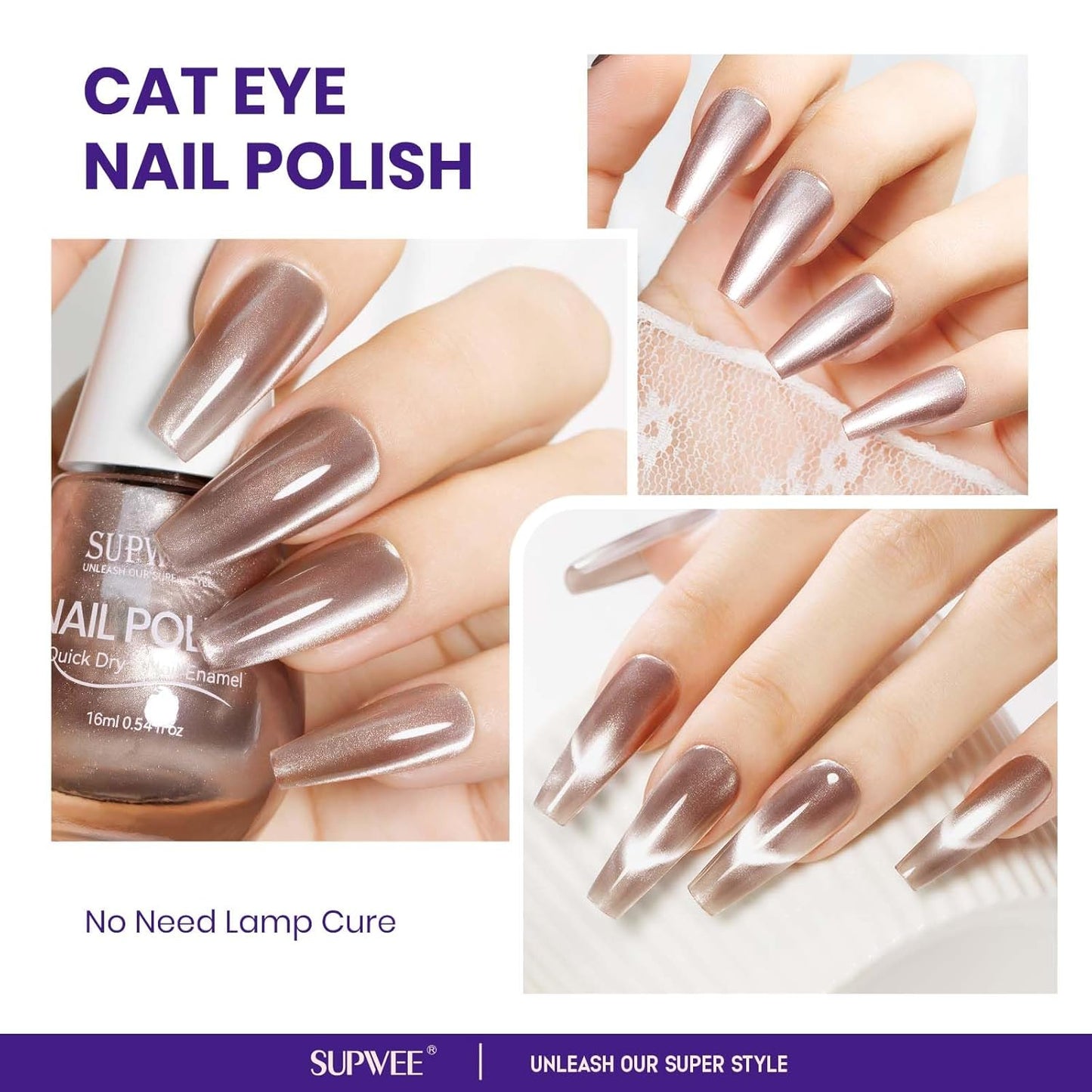 magnetic nail polish non gel, Nude Cat Eye Nail Polish Non Gel, Shimmer Glitter with Magnet, High Glossy, Fingernail Air Dry Fast, Manicure DIY, Salon Fall Colors