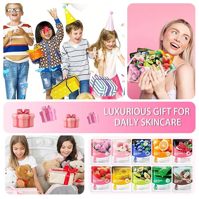 Kaely 10 Pack Variety Face Masks for Kids, Kids Face Mask Spa Day Kit Supplies, Spa Party Favors for Teens Girls Night, Sheet Facial Mask Skincare Gifts Set, Hydrating Soothe for All Skin Types, 01