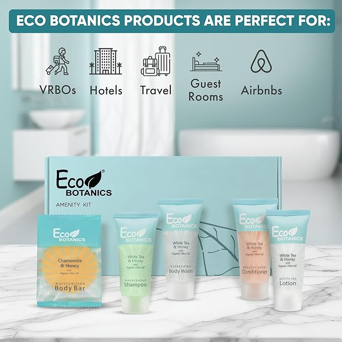 Eco Botanics Amenity Kit | Boxed Hotel Toiletries | Bulk Set .85 oz Travel Size Shampoo, Conditioner, Lotion, Body Wash & Body Bar Soap for Guest Hospitality AirBnB/Vacation Rentals | 60 sets per case