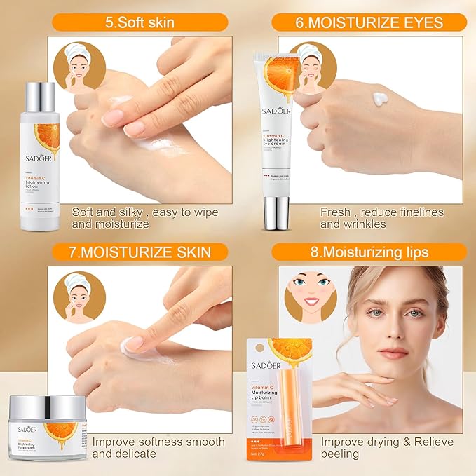 10 Pcs Skin Care Sets Face Care Set for Women Includes 1 Pcs Cleanser, Toner, Lotion, Eye Cream, Serum, Face Cream, Lip Balm and 3 Facial Masks Skincare Gift for Girls (Vitamin C)