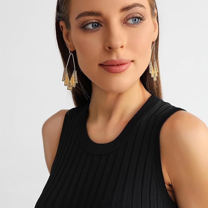 Zealmer Gold Geometric Earrings Statement Vintage Boho Ethnic Earrings Hollow Out Fan Shape Dangle Drop Earrings for Women Birthday Christmas Valentines Day Gift