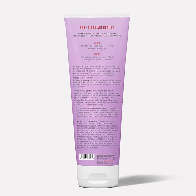 First Aid Beauty KP Bump Eraser Body Scrub Exfoliant for Keratosis Pilaris with 10% AHA – 8 oz + Bonus 1 oz Travel Size Tube