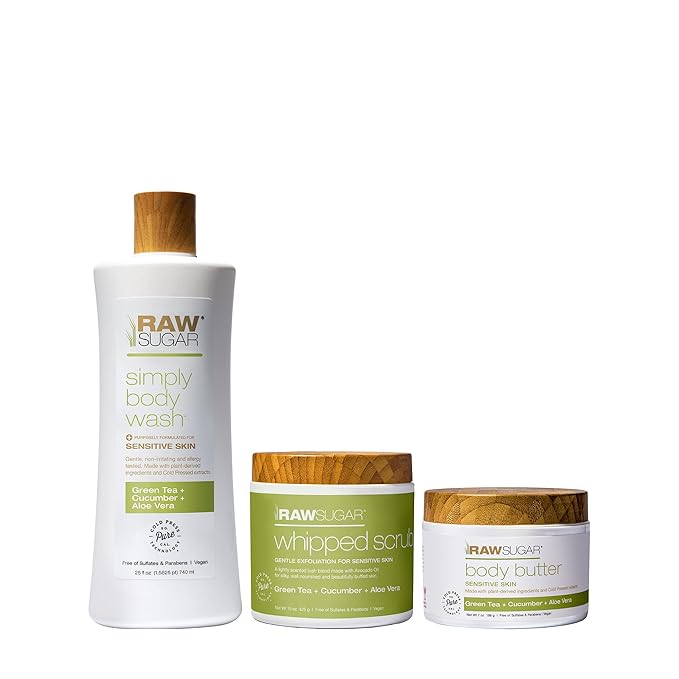 Raw Sugar Green Tea + Cucumber + Aloe Vera Body Love Bundle - Sensitive Skin Body Wash, Body Scrub & Body Butter, Clean Ingredients, Formulated without Sulfates and Parabens