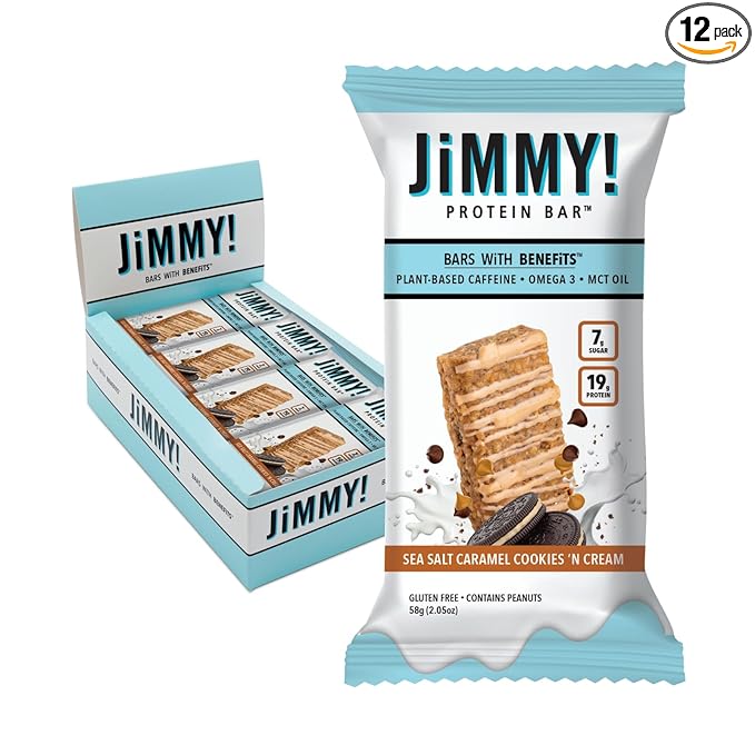 JiMMYBAR! - Sea Salt Caramel Cookies N' Cream - 19g High Protein Bars - 7g Sugar - 12 Count - 58g Health Bars - Natural Peanut Butter Core - Caffeinated Protein Bar For Energy- Hand Drizzled Chocolate