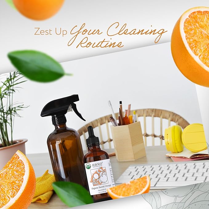 HBNO Organic Orange Essential Oil - Huge 4 oz (120ml) Value Size - USDA Certified Organic Orange Essential Oil, Cold Pressed for Aromatherapy, Soap Making, DIY, Diffuser