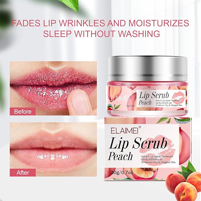 Lip Scrubs Exfoliator & Moisturizer, Lip Repair for Lush Soft Lips, Lip Moisturizer for Chapped Dry and Flaky Lips Treatment (Peach)