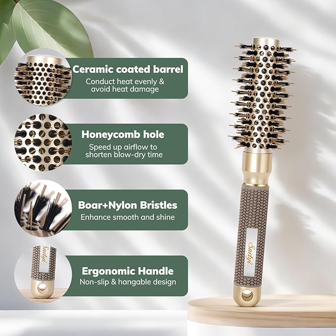 Round Brush for Blow Drying, Nano Thermal Ceramic & Ionic Tech Hair Brush with Boar Bristles, Professional Round Barrel Brush for Styling,Curling and Straightening by Sndyi (2 Inch, Barrel 1 Inch)