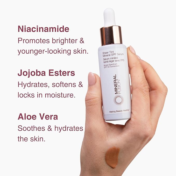 Mineral Fusion Face Serum, Sheer Tint Mineral SPF Serum, 1 Fl Oz, Tan, Tinted Broad Spectrum SPF 50 Mineral Sunscreen, Sheer Coverage, Lightweight & Dewy Finish for Glowing, Protected Skin