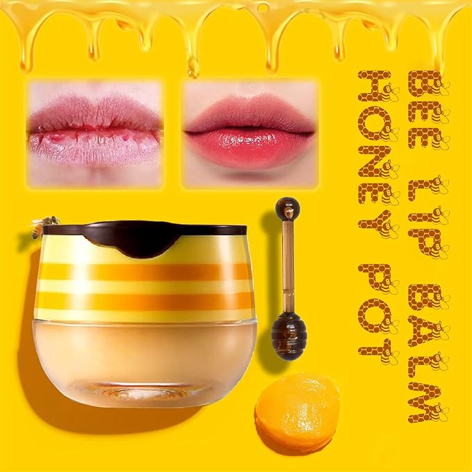 4PCS Lip Balm Honey Pot, Honey Pot Lip Balm for Dry Cracked Lips, Strawberry Lip Balm Scrubs Exfoliator & Moisturizer, Hydrating Lip Balm Honey Pot with Wand, Lip Sleeping Mask (D)