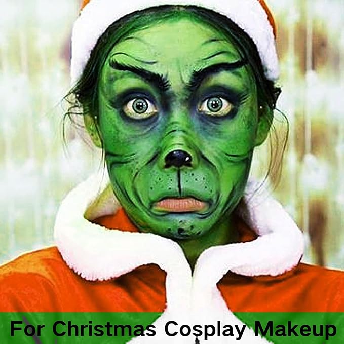 MEICOLY 7Pcs Black White Green Face Body Paint Stick Set with Setting Powder and Sponges,Clown Black White Face Paint,Green Body Paint for Halloween SFX Cosplay Makeup,Waterproof