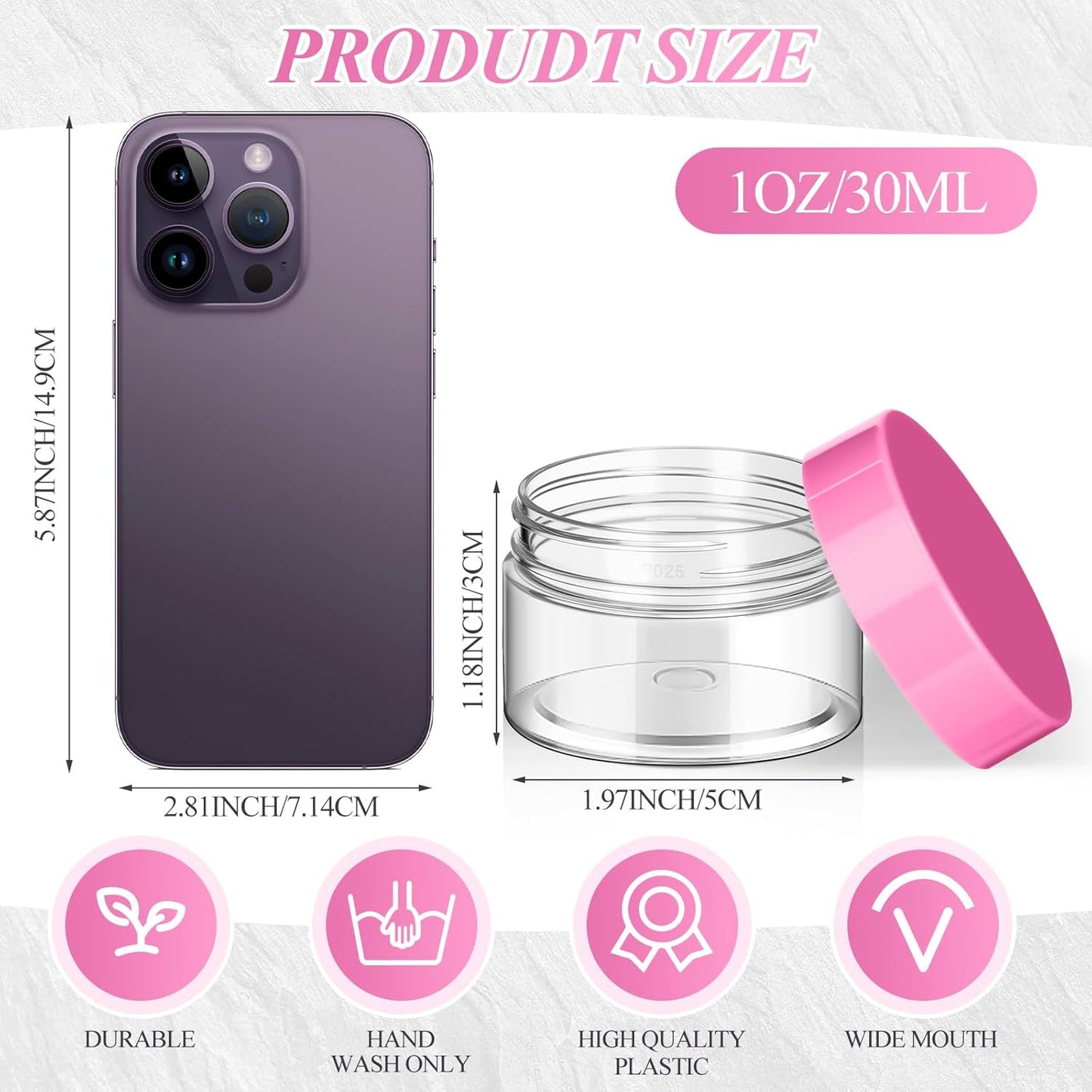 SATINIOR 24 Pieces Empty Clear Plastic Jars with Lids Round Storage Containers Wide Mouth for Beauty Product Cosmetic Cream Lotion Liquid Butter Craft and Food(Pink Lid,1 oz)