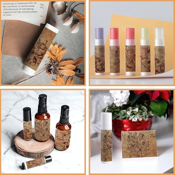OLYCRAFT 100Pcs Self-Adhesive Lip Balm Tag Stickers 1.7x2.1 inch Waterproof Adhesive Label with Vintage Flower Rectangle Lipstick Tag Sticker for Lip Balm Container Tubes Lipstick Wrapping Decoration