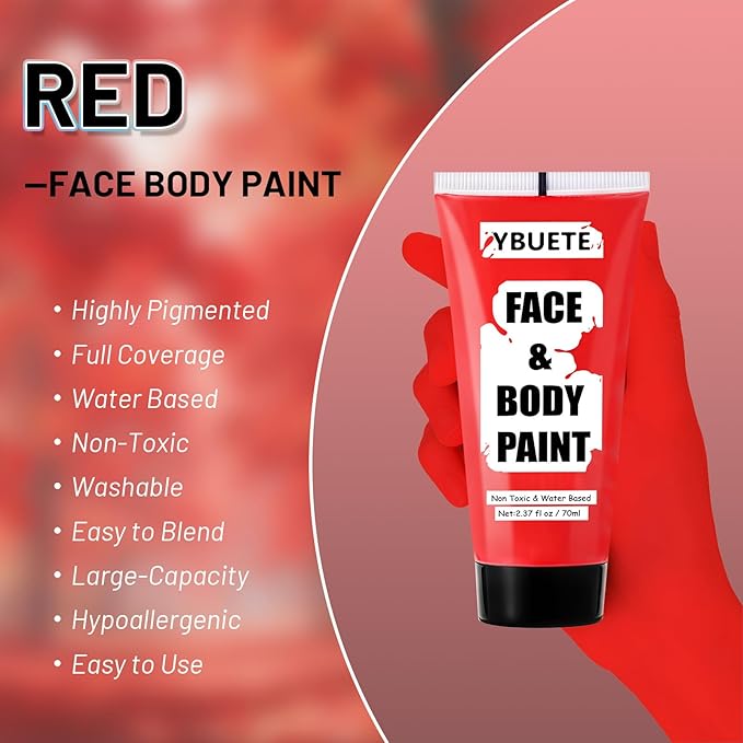 Devil Red Water Based Face Body Paint, 2.37 OZ Large Tube Full Coverage Face Paint for Cosplay Joker Vampire Spiderman, Washable Red Body Painting Cream for Adult Carnival Halloween SFX Makeup