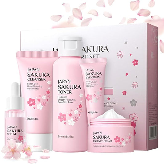 Sakura Skin Care Set, Women Gift Sets, Skin Care Kit with Cleanser, Toner, Serum, Eye Cream, Face Cream, Skin Care Routine Kit for Women, Even Skin Tone, Tighten & Firm Skin