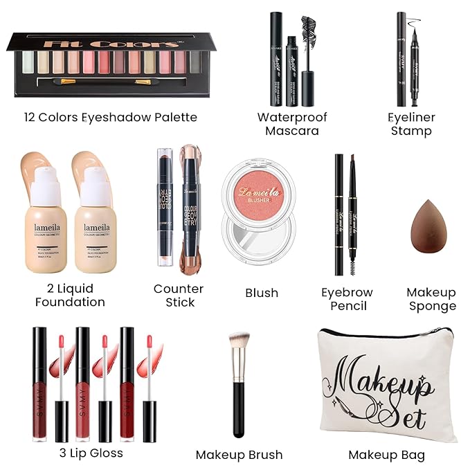 Makeup Kit for Girls Teens, Travel Makeup Kit, Facial Makeup Full Kit, Makeup Present Set for Beginners & Professionals, Cosmetic Bag Include Pigmented Blendable Eyeshadow Palette, concealer
