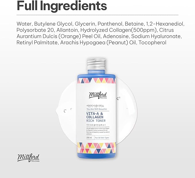 Vita A & Collagen Rich Toner 6.76 Oz, 200ml, Fish/Marine Collagen, Slow-Aging Moisturizing Toner, Vitamin A Retinol, Wrinkles, Fine Lines, Anti-Aging, Retinyl Palmitate, Korean Skincare