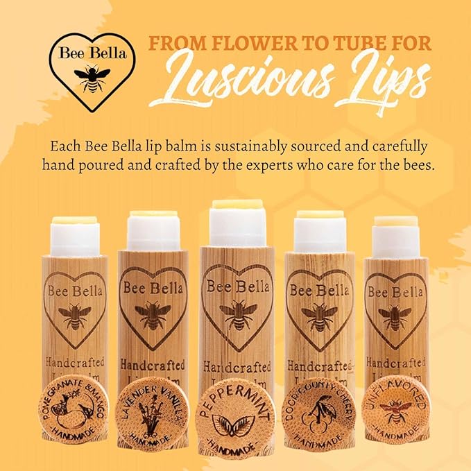 Bee Bella Lip Balm, Peppermint, 3 Pack - Hydrating, Moisturizing Lip Care, 100% Natural, Original Organic Beeswax with Vitamin E, Handmade in USA