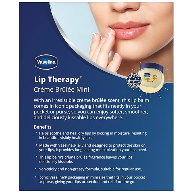 Vaseline Lip Therapy Creme Brulee Mini, White Petrolatum, Advanced Moisturizer, Relieves Dull and Dry Skin, Mini Vaseline Petroleum Jelly, Soft & Smooth Vaseline Lips (Pack of 6-0.25 Oz Ea)