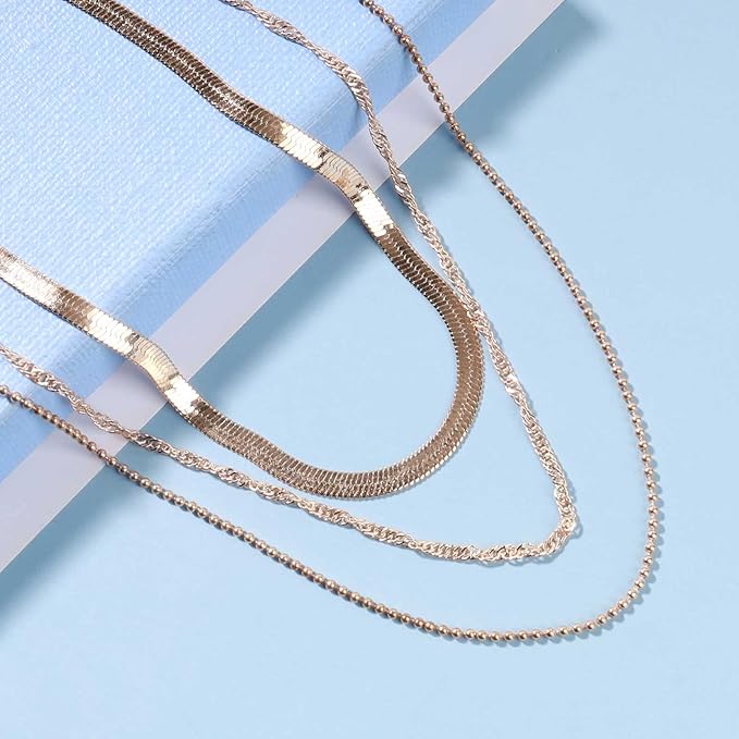 Punk Layered Chain Necklace Gold Flat Snake Chain Necklace Choker Vintage Herringbone Necklace Stacking Chunky Necklace Chain Jewelry for Women and Girls Gift