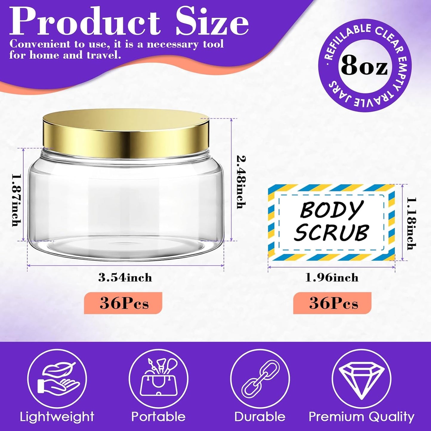 36 Pack 8 oz Plastic Cosmetic Containers With Lids Refillable Clear Empty Travle Jars Containers for Body Butter,Sugar Scrubs,Cream,Lotions,Candy, Waterproof Label&Spatulas - (Gold)