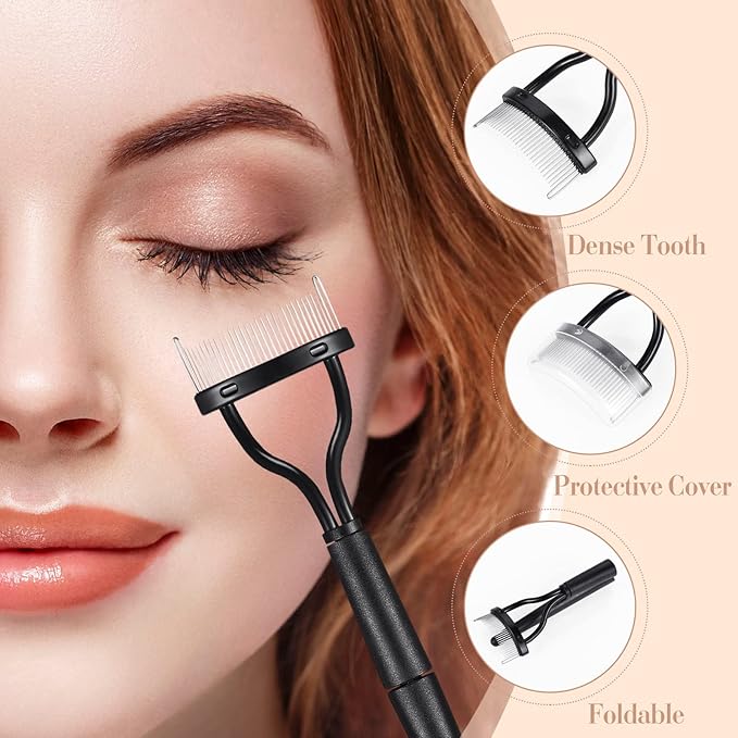 Skyley 4 Pieces Eyebrow Brush Eyelash Separator Brow Comb and Lash Spoolie Professional Eye Makeup Tools Metal Folding Lash Comb Black Double Head Eyelash Brush