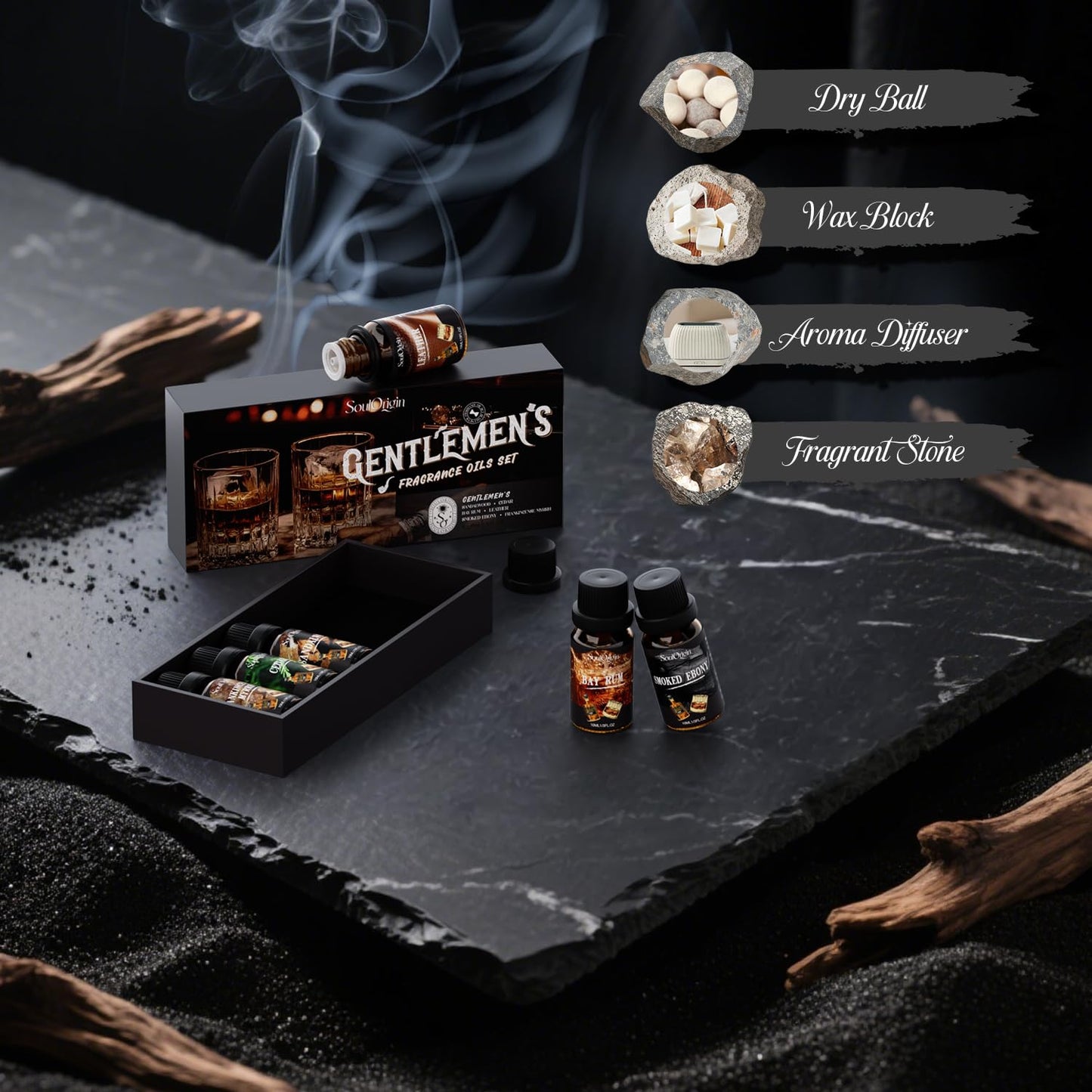 Gentleman Fragrance Oils Set, Essential Oil for Diffuser, Diffuser Oil, Use for Soap Candle Making, Sandalwood, Cedar, Rum, Leather, Smoky Oud, and Frankincense & Myrrh