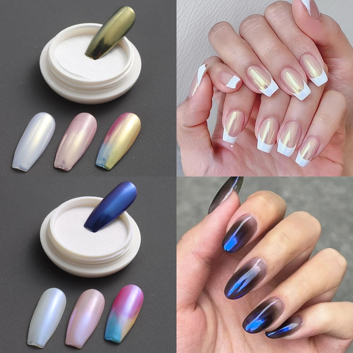 White Chrome Nail Powder - 6 Colors Pearl Chrome for Nails, Mirror Effect Metallic Rubbing Pigment Dust, Glazed Donut Nail Art Pearlescent Glitter Manicure Decor