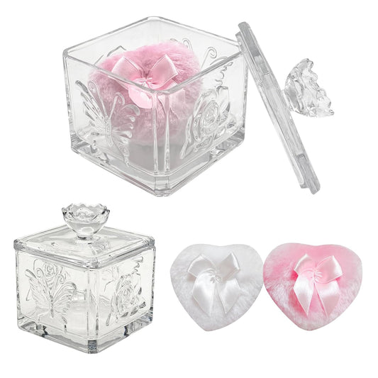 Body Powder Puff and Container - Glass Dusting Powder Container with 2 Soft Puffs β Vintage Powder Puff Case for Women & Girls (3.74x3.74x4.53 H IN) - GRB013-Transparent