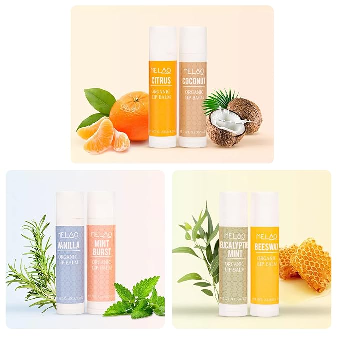 Lip Balm with Nourishing and Hydrating for Dry Cracked Lips, Natural and Organic Ingredients Lip Butters, Lip Balm Set (6 Pack), 6 Scents(Coconut, Citrus, Mint, Eucalyptus Mint, Honey, Vanilla)