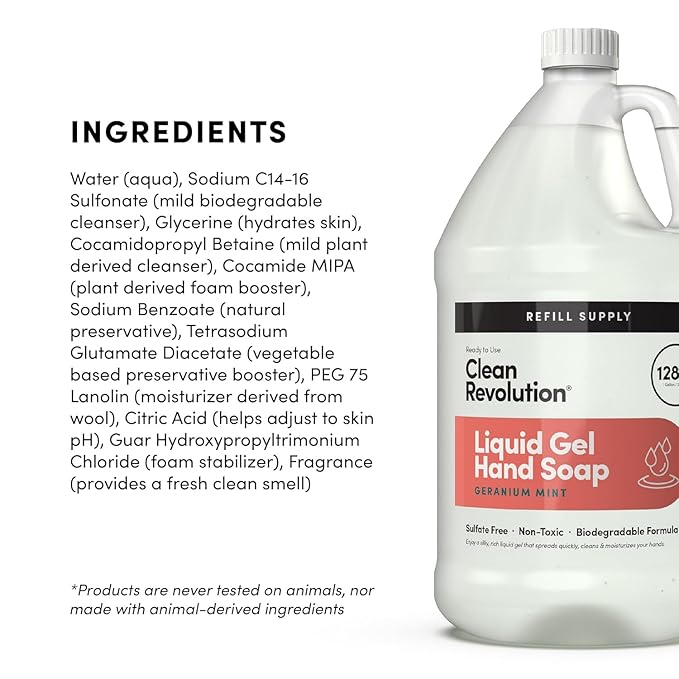 Clean Revolution Liquid Gel Hand Soap, Silky Rich Liquid, Quick Lather, Fast Rinsing, Contains Real Essential Oils (Geranium Mint) 128 Fl Oz