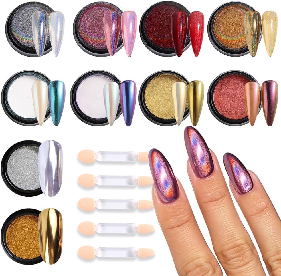 Chameleon Chrome Nail Powder, 10 boxes Pink Purple Aurora Chrome Powder, Gold Silver Holographic Nail Powder, Metallic Mirror Pigment for Nails, Rubbing Dust Manicure Glitter Set