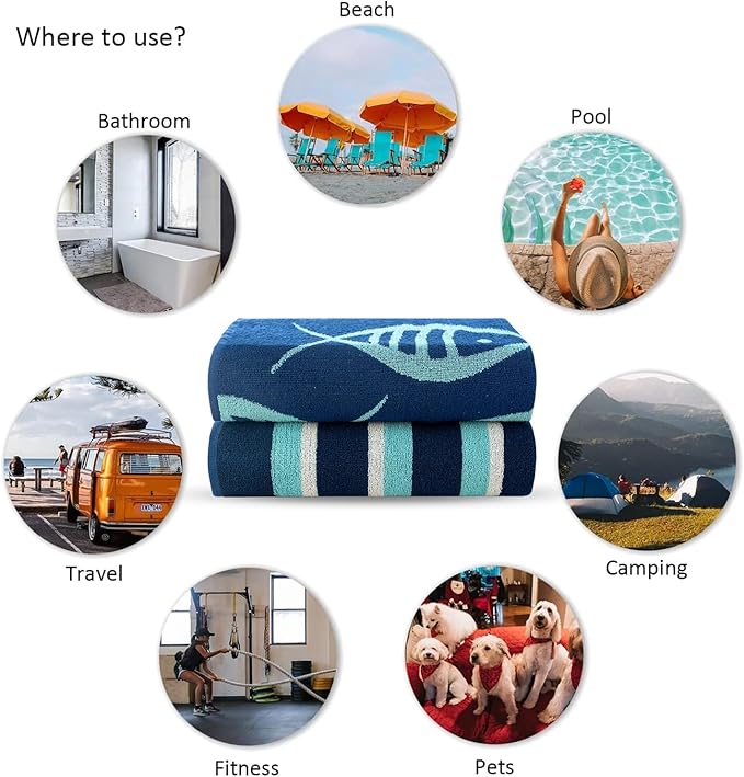 CASA COPENHAGEN Miami Bath Sheets Designed in Denmark Rough and Tough, Quick Dry, for Pool, Bath & Shower 35"x70", 2 Pieces Cotton Beach Towels Set - Fish Navy + Turquoise Stripe