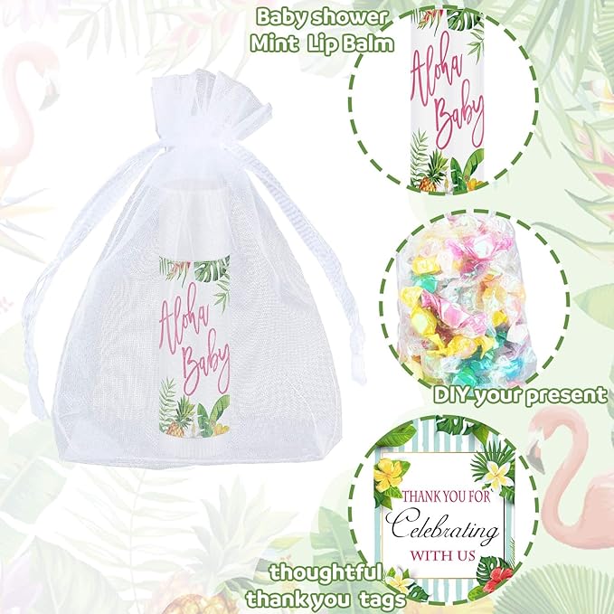 Demissle 50 Pcs Baby Shower Lip Balm Gift Set with 100 Pcs Organza Bags Baby Shower Party Favor for Guest Thank You Tag Rope Baby Shower Party Decoration Gender Reveal Souvenirs (Tropical)