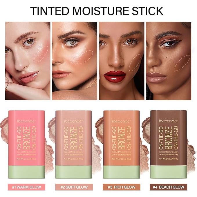Cream Contour Stick, Face Shimmer Bronzer Stick, Blendable Natural Glow Highlighter Makeup Stick, Multi-Use Tinted Solid Moisturizer Stick, 01 Warm Glow