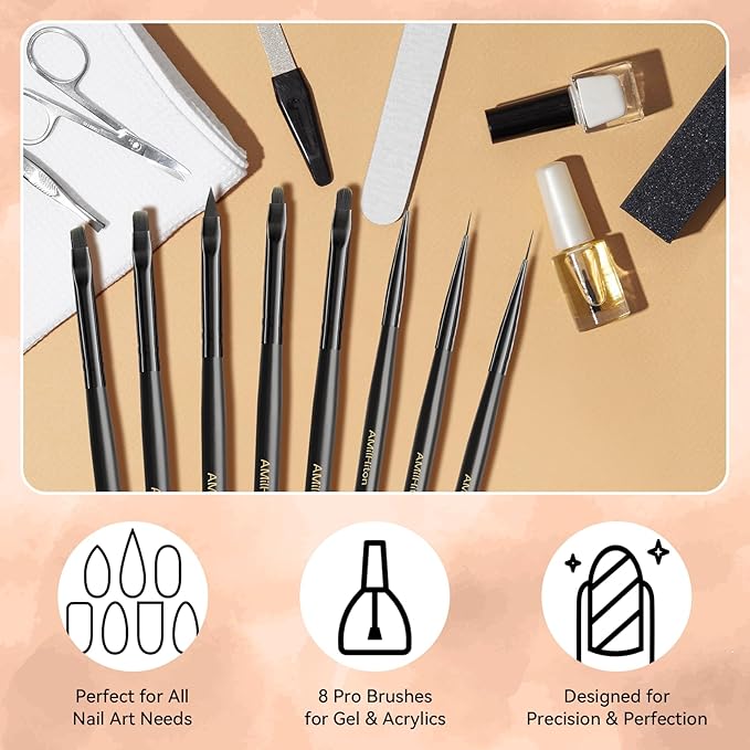 8PCS Nail Art Brushes for Builder Gel, Polygel & Polish – Flat, Round, Liner, French Tip & Detail Brushes for 3D Acrylic Flowers – Professional Nail Painting & Design Tools