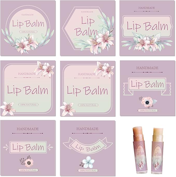 CRASPIRE Lip Balm Labels 80pcs Homemade Lip Balm Labels 2” Clear Lip Balm Labels for Tubes Printable Waterproof Lip Balm Stickers Labels for Lip Balm Handcream Candle Container(Flowers-Pink Purple)