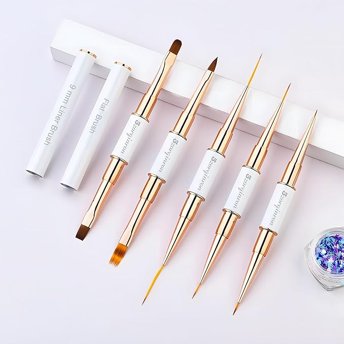 Nail Art Bushes Set, Professional 5Pcs Double-Ended Nail Brush Kit for Details, Long Lines, Ombre & 3D Design-Perfect for DIY Manicures & Salons (White)