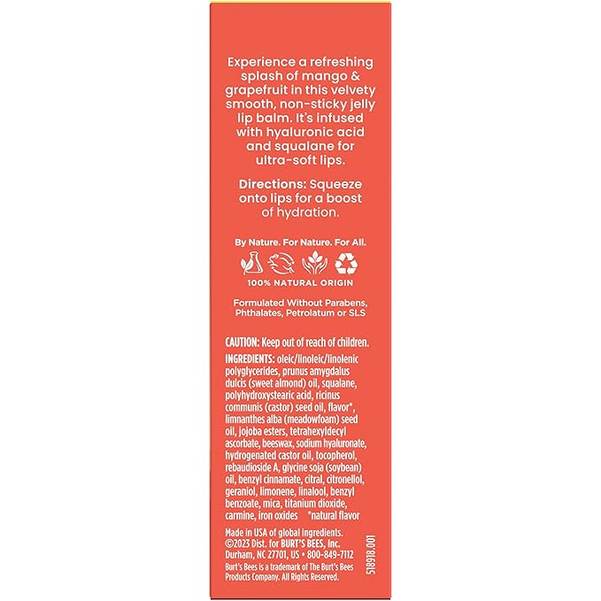 Burt’s Bees Mango Grapefruit Lip Jelly Balm, With Hyaluronic Acid and Squalane Moisturizer To Instantly Hydrate Lips, Lip Gloss With Responsibly Sourced Beeswax, Tint-Free, Lip Treatment, 0.45 oz.
