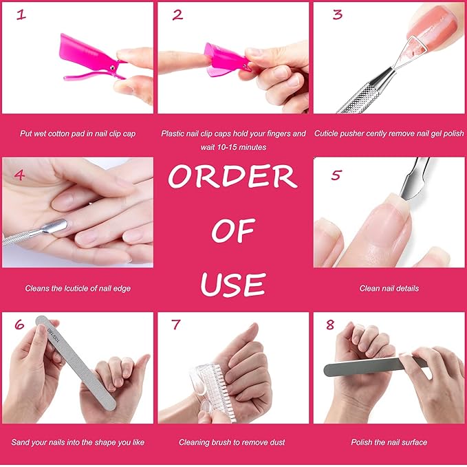 Gel Nail Polish Remover Tools Kit, with 10 Pcs Nail Clips, 400 Pcs Lint Free Nail Wipes, Nail Files 100/180, Buffer Block 400/4000, Nail Brush, Cuticle Pusher, Cuticle Peeler (Rose Red)