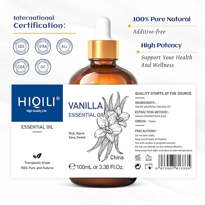HIQILI Vanilla Essential Oil, Undiluted Natural Strong Fragrance Add in Skin Perfume, Unscented Lotion, Candle Soap Making Scent, Relax at Home with Diffuse Warm Sweet Aroma -100ML