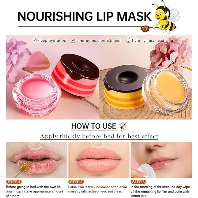 Bee Lip Balm Honey Pot,4 PCS Strawberry & Honey Moisturizing Propolis Lip Mask,Hydrating Prevention Dry and Cracked Lip Scrubs Exfoliator,Lip Sleep Mask Reduces Lip Lines Lip Skin Care ProductsâŠ