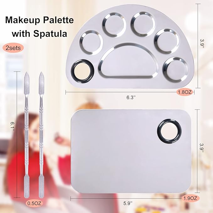 Makeup Palette, Makeup Mixing Palette, Stainless Steel Metal Foundation Palette with Spatula Artist Tool for Mixing Foundation Nail-Art, Cosmetic Mixing Makeup Palette, Makeup Plate, 6×4"/Silver/2pcs