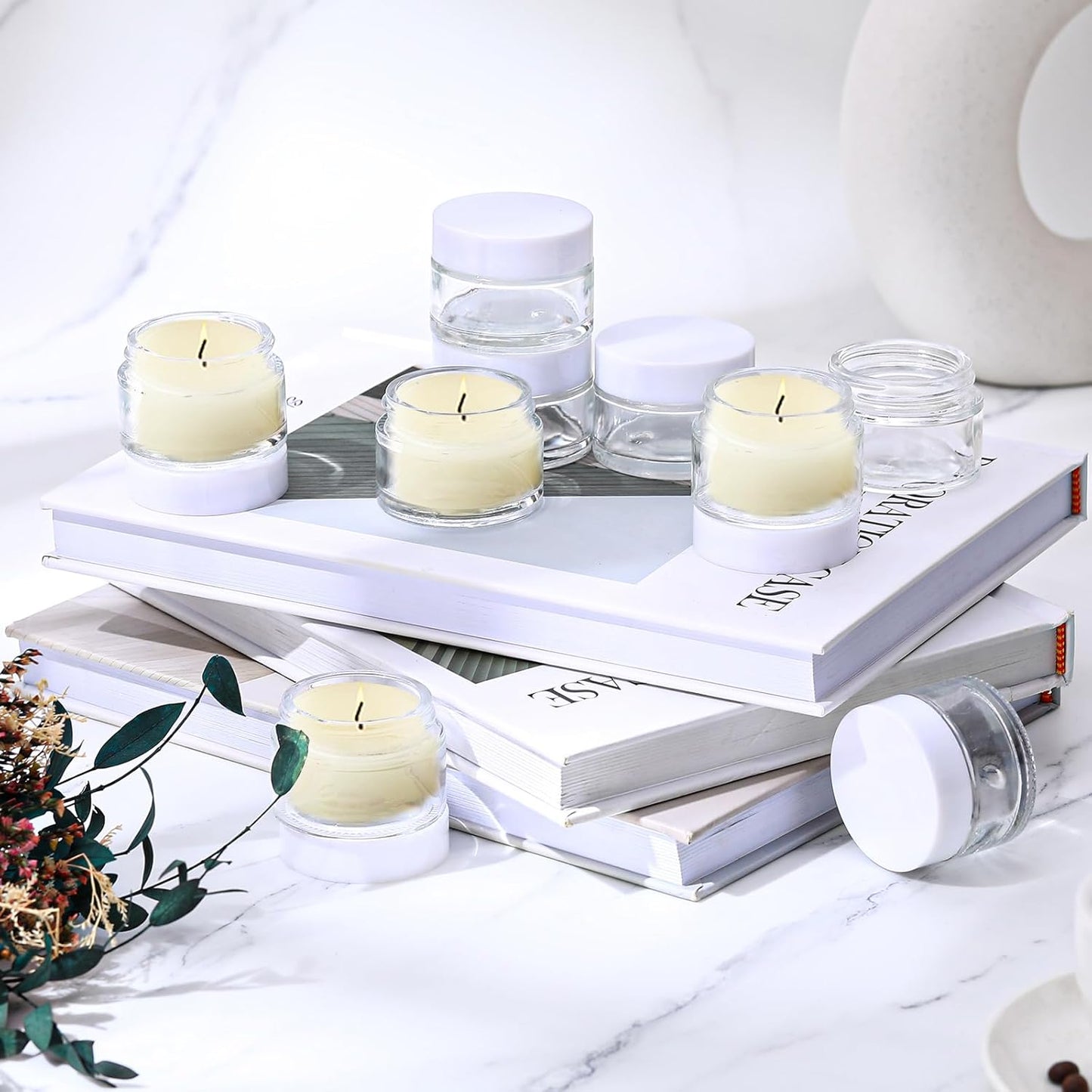 Domensi 100 Pcs 1 oz Glass Jars with Lids Bulk Round Glass Cosmetic Jars Lids 1 oz Small Travel Containers with Inner Liner for Lotions Powders Ointments Sample Cream(Clear, White)