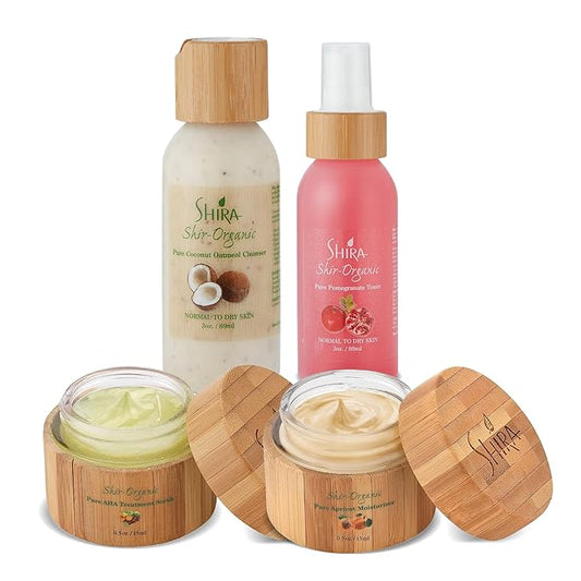 Shira Shir-Organic 4 pack for Normal to Dry Skin - Coconut Oatmeal Cleanser, Pomegranate Toner & Apricot Moisturizer & AHA Treatment Scrub