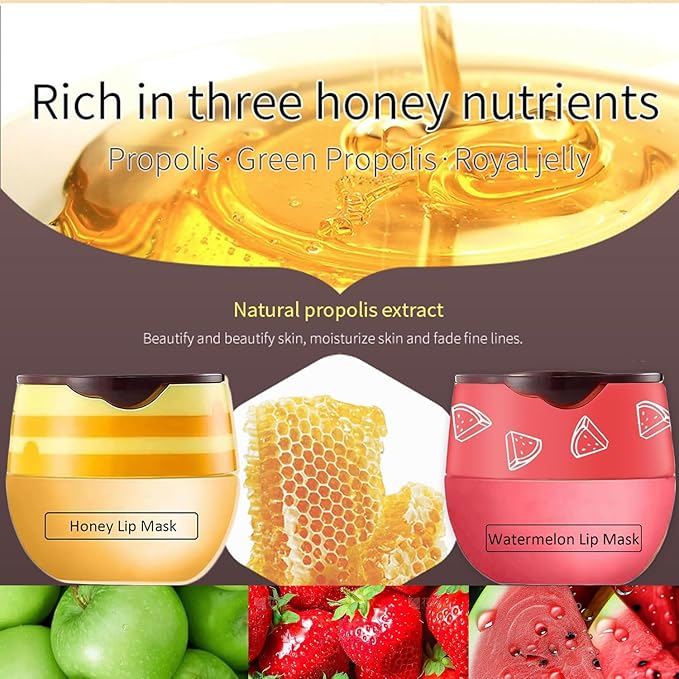 3 PCS Bee Lip Balm Honey Pot, Honey&Strawberry&Watermelon Lip Sleeping Mask Hydrating Prevention Dry and Cracked Lip Scrubs Exfoliator Lip Care, Overnight Lip Mask Reduces Lip Lines