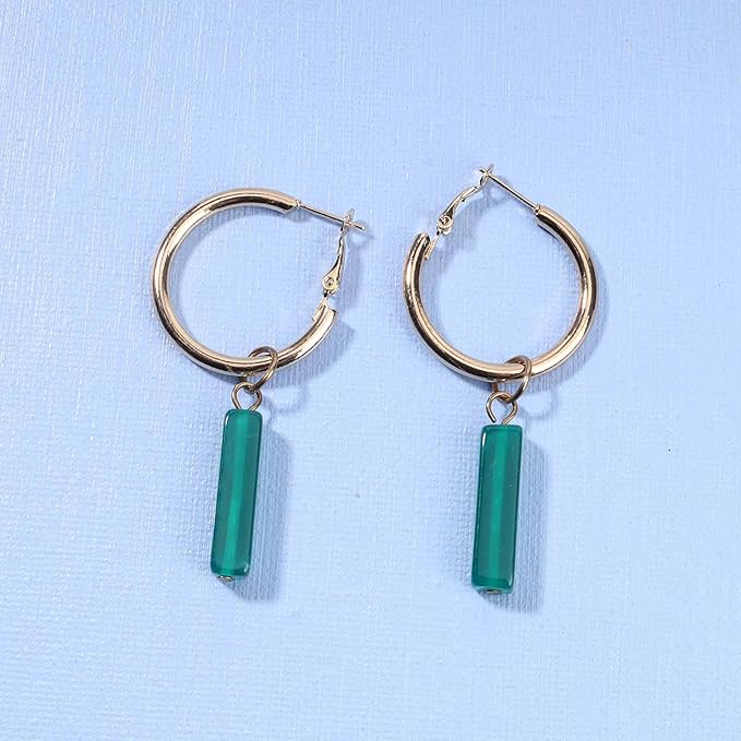 Boho Rectangle Green Jade Earrings Green Marbled Earrings Gold Circle Leverback Dangle Earrings Vintage Circle Hoop Dangle Earrings Jewelry for Women and Girls