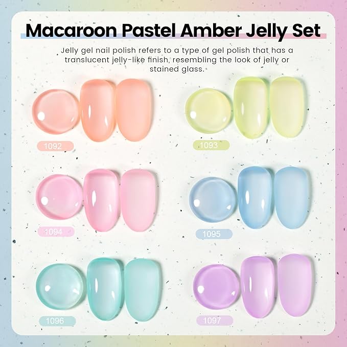 RARJSM Pastel Stained Glass Gel Nail Polish Set 6pcs Clear Orange Yellow Blue Pink Purple Crytal Transparent Jelly Series Sheer Amber Gel Varnish LED UV Curing Requires Spring Easter French Manicure