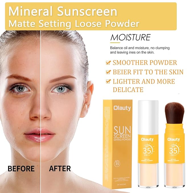 Mineral Sunscreen Setting Powder, SPF 35, Translucent Brush Setting Powder for Face, Long Lasting Oil Control Matte Loose Powder, Lightweight, Breathable (01# Translucent)